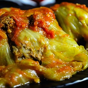 Grandmas Cabbage Rolls with cabbage and beef with red marinara sauce.
