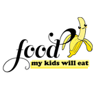 Food my kids will eat logo featuring a banana with a cute face illustration